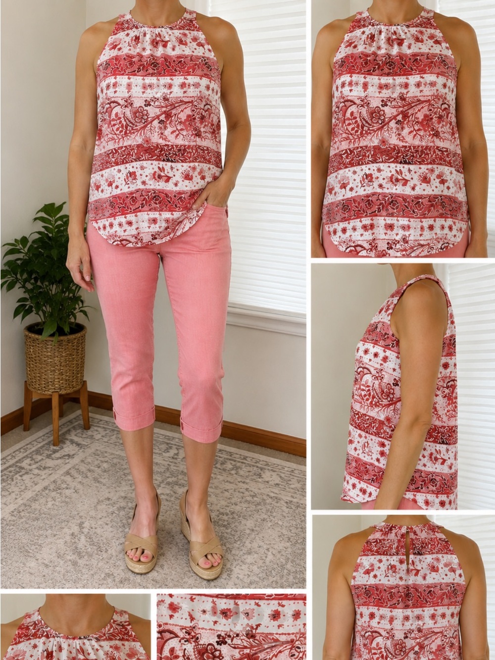 LOFT White Sleeveless Halter Blouse with Red Floral Print